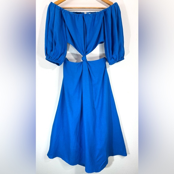 Farm Rio Linen Blend Midi Dress Blue Off-Shoulder Knot Cut-Out Women’s Small - Picture 7 of 16